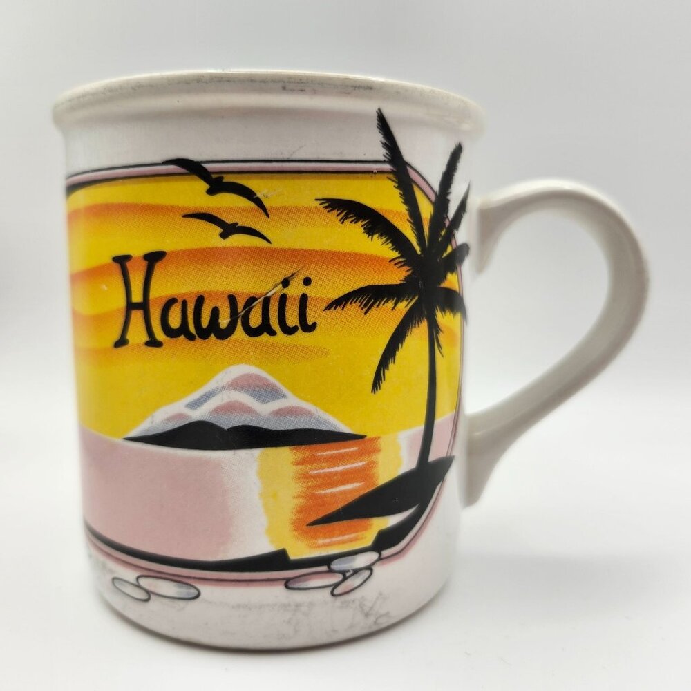 Vtg 90s Hilo Hattie Hawaii Hawaiian Souvenir Mug Sunset Palms 12oz b